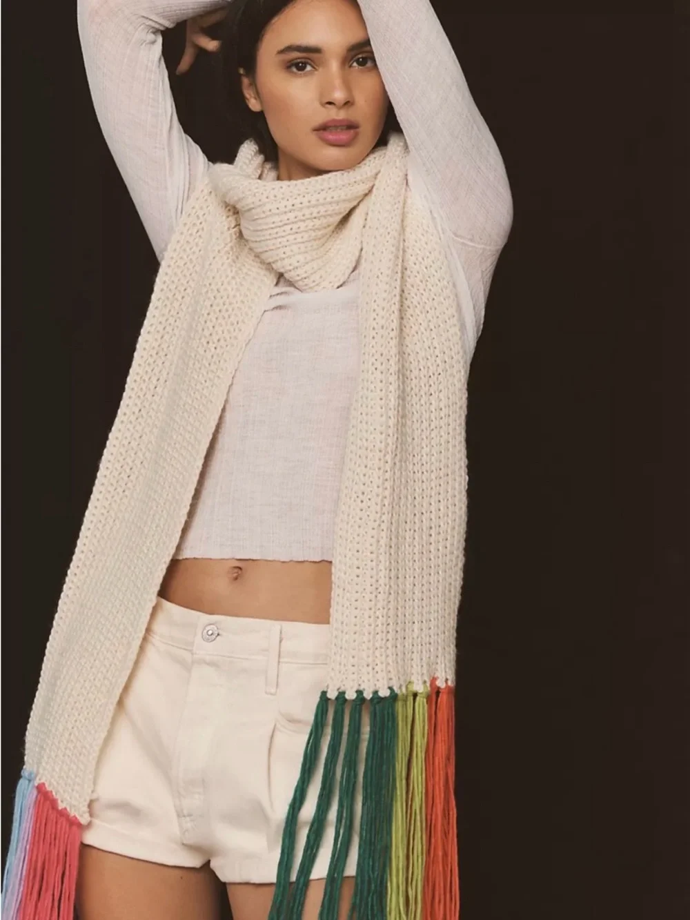 By Anthropologie Long Cardigan + Scarf Set Ivory Rainbow Fringe One Size